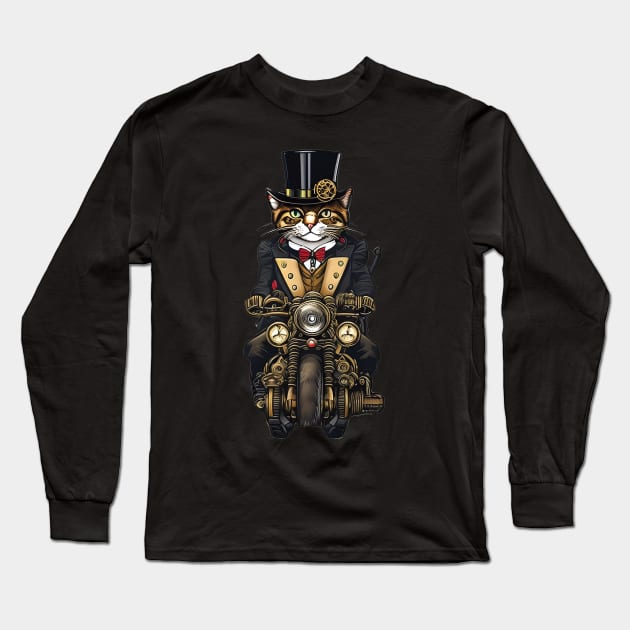 Cool Steampunk Feline in Top Hat and Gear Riding Motorcycle Long Sleeve T-Shirt by ImaginativeInkPOD